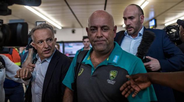 Australia coach Darren Lehmann arrives at in Johannesburg after the team was caught cheating in the third Test against South Africa. (AFP) Australia coach Darren Lehmann arrives at in Johannesburg after the team was caught cheating in the third Test against South Africa. (AFP)