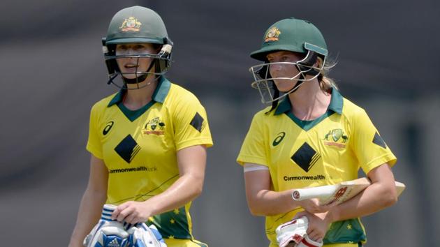 Australia cricketers Meg Lanning (R) and Ellyse Perry walk back to the pavilion after winning the fifth cricket match of the women's Twenty20 tri-series vs England at the Brabourne Stadium in Mumbai on Wednesday. (AFP) Australia cricketers Meg Lanning (R) and Ellyse Perry walk back to the pavilion after winning the fifth cricket match of the women's Twenty20 tri-series vs England at the Brabourne Stadium in Mumbai on Wednesday. (AFP)