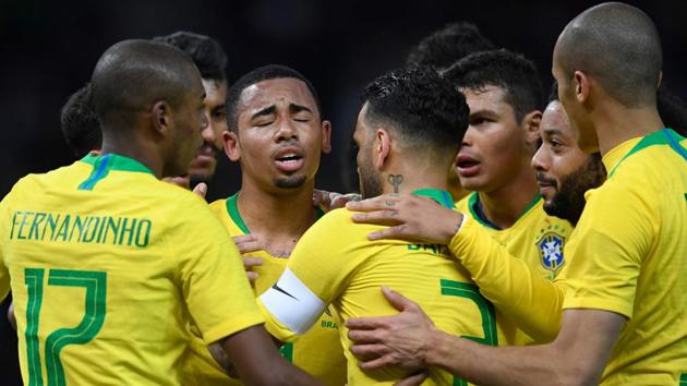 Gabriel Jesus (C) celebrates after scoring against Germany during their international friendly on Tuesday.(AFP)