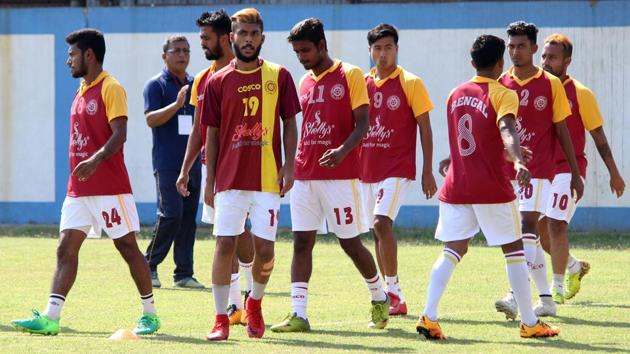Bengal players train on the eve of their Santosh Trophy semi-final match against Karnataka. (AIFF) Bengal players train on the eve of their Santosh Trophy semi-final match against Karnataka. (AIFF)
