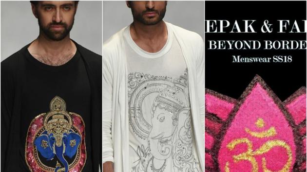 Models showcased T-shirts featuring hand-embroidered Ganesha motifs at a fashion week in Karachi, Pakistan.(AFP)