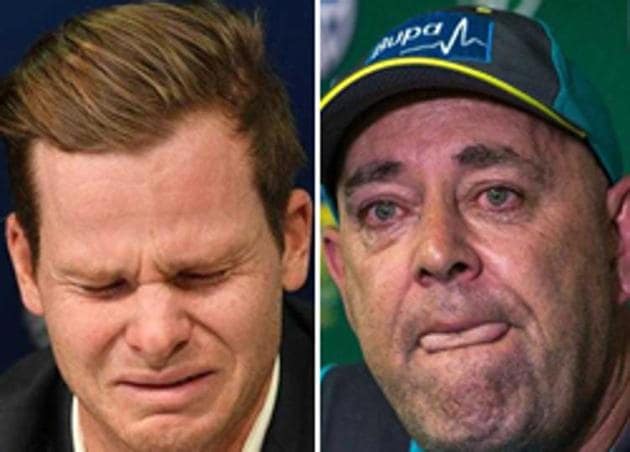 Steve Smith (L) and Darren Lehmann broke down while addressing their respective press conferences on Thursday.(HT photo)