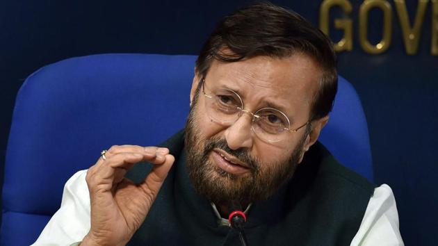 Union HRD minister Prakash Javadekar speaks at a press briefing in New Delhi on Thursday.(PTI)