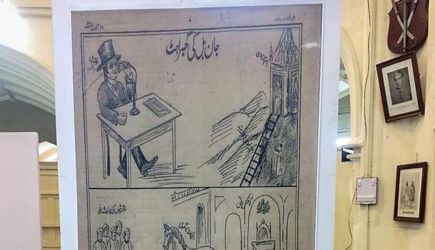 A cartoon in a newspaper showing "nervousness of John Bill as Indians are heading towards the gate of independence", displayed at a Lahore exhibition showing some records of the case file of Bhagat Singh. (PTI) A cartoon in a newspaper showing "nervousness of John Bill as Indians are heading towards the gate of independence", displayed at a Lahore exhibition showing some records of the case file of Bhagat Singh. (PTI)