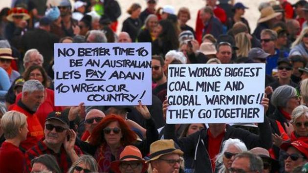 Protesters protest Adani’s planned coal mine project in northeast Australia, at Sydney’s Bondi Beach in Australia, last October. (Reuters File Photo) Protesters protest Adani’s planned coal mine project in northeast Australia, at Sydney’s Bondi Beach in Australia, last October. (Reuters File Photo)