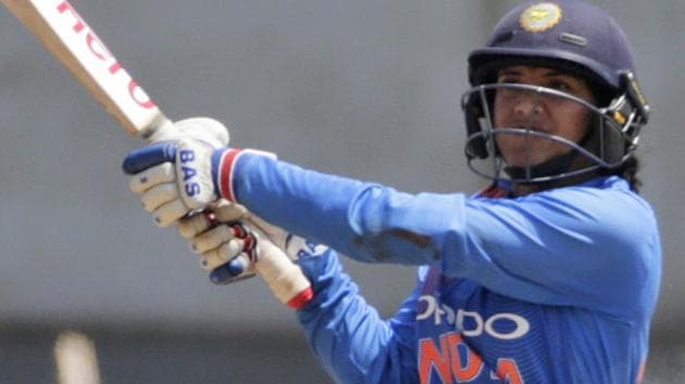 Smriti Mandhana in action during Indian women’s team’s T20 tri-series encounter against England in Mumbai on Thursday.(AP)