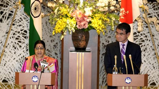 India’s Foreign Minister Sushma Swaraj and Japanese Foreign Minister Taro Kono during their joint press conference at the Foreign Ministry's Iikura Annex in Tokyo on Thursday. During her three-day visit to Japan, Sushma Swaraj will co-chair the strategic dialogue with Japanese counterpart Taro Kono and review the entire gamut of bilateral ties. (Shizuo Kambayashi / AP) India’s Foreign Minister Sushma Swaraj and Japanese Foreign Minister Taro Kono during their joint press conference at the Foreign Ministry's Iikura Annex in Tokyo on Thursday. During her three-day visit to Japan, Sushma Swaraj will co-chair the strategic dialogue with Japanese counterpart Taro Kono and review the entire gamut of bilateral ties. (Shizuo Kambayashi / AP)