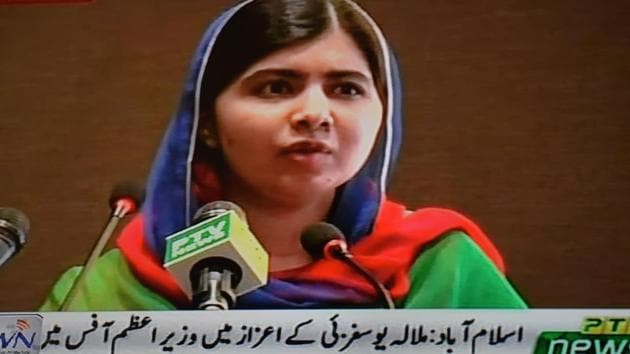 This screengrab taken and released on March 29, 2018 by the Pakistan Television Corporation (PTV) shows Pakistani activist and Nobel Peace Prize laureate Malala Yousafzai addressing the media after a meeting with Pakistani Prime Minister Shahid Khaqan Abbasi during her visit to Islamabad.(AFP)