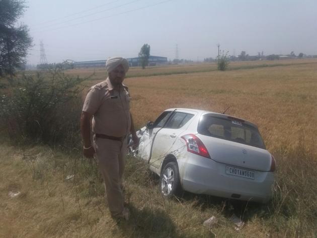 A couple and their two children were killed after this car rammed into their motorcycle near Tepla village in Patiala district on Friday. (HT Photo) A couple and their two children were killed after this car rammed into their motorcycle near Tepla village in Patiala district on Friday. (HT Photo)