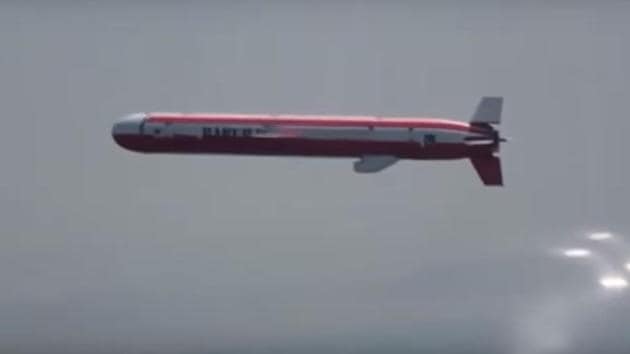 The nuclear-capable, submarine-launched Babur cruise missile seen in a video released by the Pakistani military.(Screengrab from YouTube)