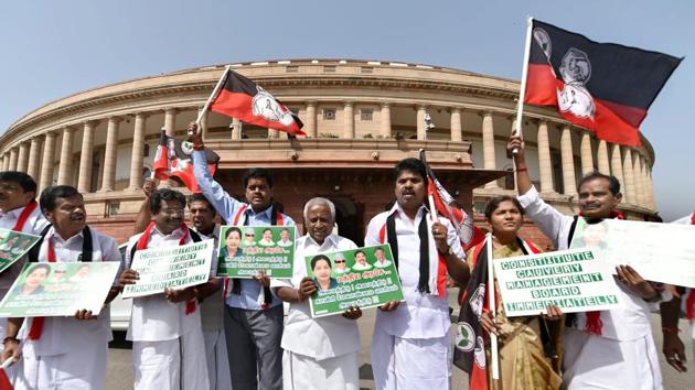 AIADMK leaders protest demanding constitution of Cauvery Management Board during the budget session of Parliament, in New Delhi. (PTI File Photo) AIADMK leaders protest demanding constitution of Cauvery Management Board during the budget session of Parliament, in New Delhi. (PTI File Photo)