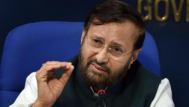 Union HRD minister Prakash Javadekar during a press briefing in New Delhi on March 29.(PTI Photo)