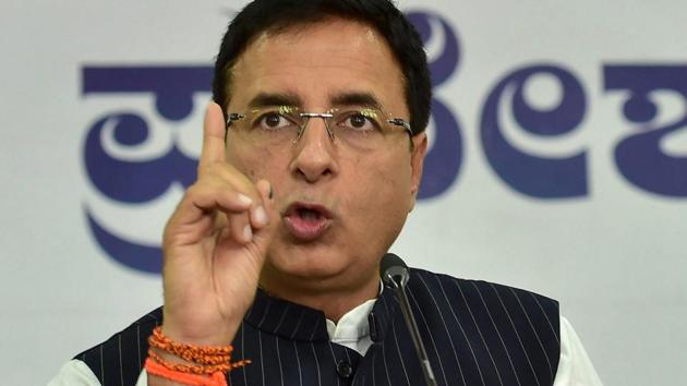 Congress leader and national media in-charge of the party Randeep Singh Surjewala speaks during a press conference at KPCC office in Bengaluru on Friday.(PTI)