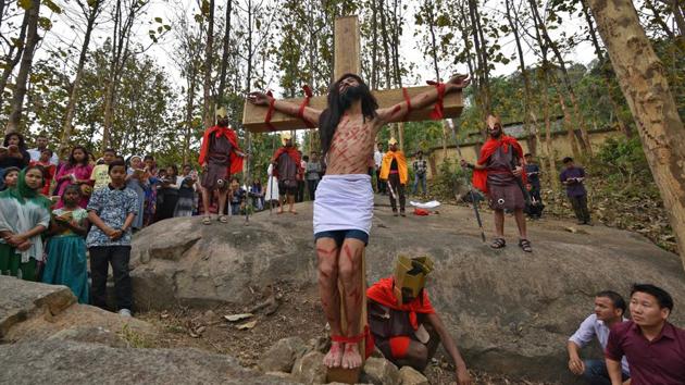 An man portraying Jesus Christ is tied to a cross during a re-enactment to mark Good Friday in Guwahati, Assam. (Anuwar Hazarika / REUTERS) An man portraying Jesus Christ is tied to a cross during a re-enactment to mark Good Friday in Guwahati, Assam. (Anuwar Hazarika / REUTERS)