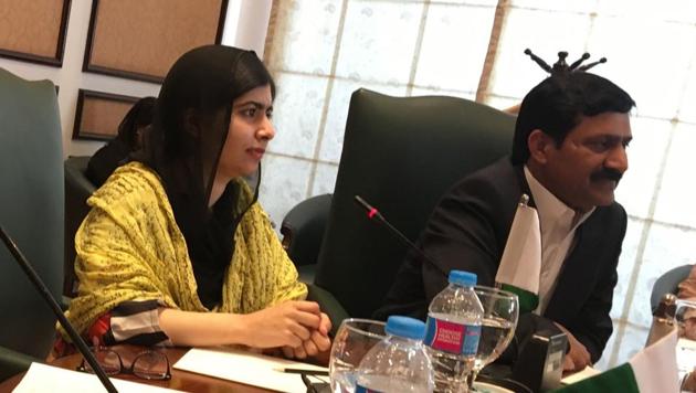Malala at a meeting with Pakistani women’s rights activists in Islamabad. She was forced out of her country after the Taliban shot her for attending school more than five years ago.(AFP)