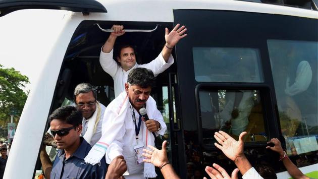 Congress President Rahul Gandhi greets supporters during a road show as a part of his Janashirvada Yatra from K R Pete to Pandavapura and Srirangapatna in Karnataka. (Shailendra Bhojak / PTI) Congress President Rahul Gandhi greets supporters during a road show as a part of his Janashirvada Yatra from K R Pete to Pandavapura and Srirangapatna in Karnataka. (Shailendra Bhojak / PTI)