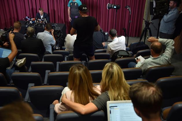 David Warner’s wife Candice (bottom C) also broke down during her husband’s press conference. (AFP)