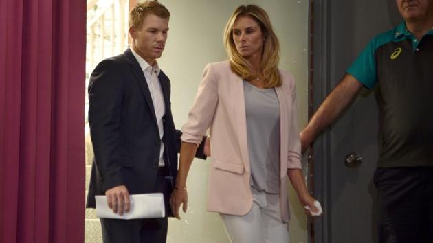 David Warner (L) came to the press conference with his wife Candice. (AFP)