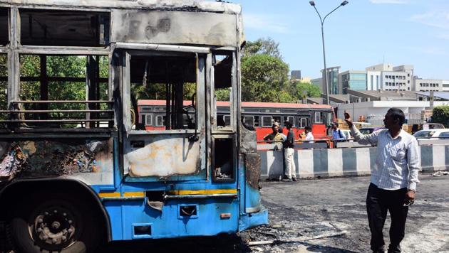 The PMPML bus that caught fire near on Ahmednagar road recently.(Shankar Narayan/HT PHOTO)