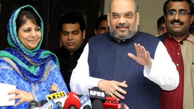 Jammu and Kashmir chief Mehbooba Mufti Sayeed and BJP chief Amit Shah address the media in New Delhi. (Sonu Mehta/HT File Photo) Jammu and Kashmir chief Mehbooba Mufti Sayeed and BJP chief Amit Shah address the media in New Delhi. (Sonu Mehta/HT File Photo)