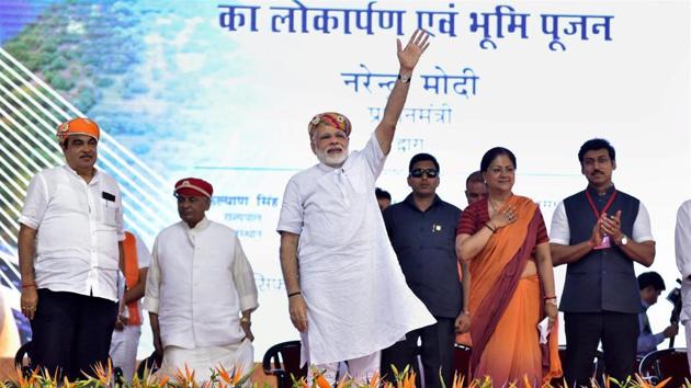 Prime Minister Narendra Modi at the inauguration and foundation stone laying of various highway projects, in Udaipur. Private vehicles will continue to pay toll tax on national highways.(File/PTI)
