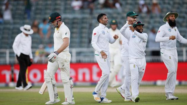 Australia's Shaun Marsh walks off dejected after losing his wicket to the bowling of South Africa's Keshav Maharaj.(REUTERS)