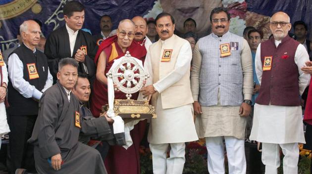 Tibetan spiritual leader the Dalai Lama, Union minister Mahesh Sharma and BJP’s Ram Madhav, among others, at the Thank You India function at Tsugla Khang Temple in Mcleodganj, Dharamshala, on Saturday. (PTI photo) Tibetan spiritual leader the Dalai Lama, Union minister Mahesh Sharma and BJP’s Ram Madhav, among others, at the Thank You India function at Tsugla Khang Temple in Mcleodganj, Dharamshala, on Saturday. (PTI photo)