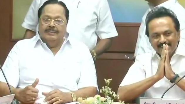 DMK working president MK Stalin at the all-party meet in Chennai on Sunday.(ANI)