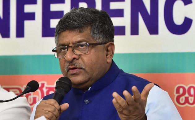 Union law minister and IT minister Ravi Shankar Prasad speaks during a press conference in Bengaluru on April 1. (PTI Photo) Union law minister and IT minister Ravi Shankar Prasad speaks during a press conference in Bengaluru on April 1. (PTI Photo)