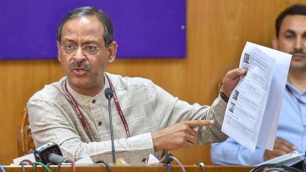 Education secretary Anil Swarup announces the re-examination dates for the Central Board of Secondary Education (CBSE) Class 10 Maths and Class 12 Economics papers that were cancelled after the alleged question papers leak during a press conference, in New Delhi on Friday.(PTI Photo)