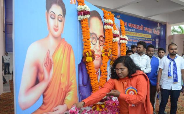 Bharatiya Janata Party MP from Bahraich Savitri Bai Phule during a rally in Lucknow on Sunday.(Deepak Gupta/HT Photo)