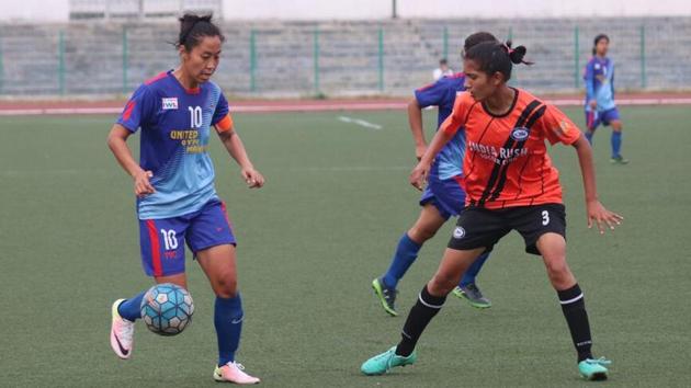 Bala Devi (L) scored a brace as KRYHPSA defeated India Rush SC 2-0 in the Indian Women’s League in Shillong on Monday.(AIFF)