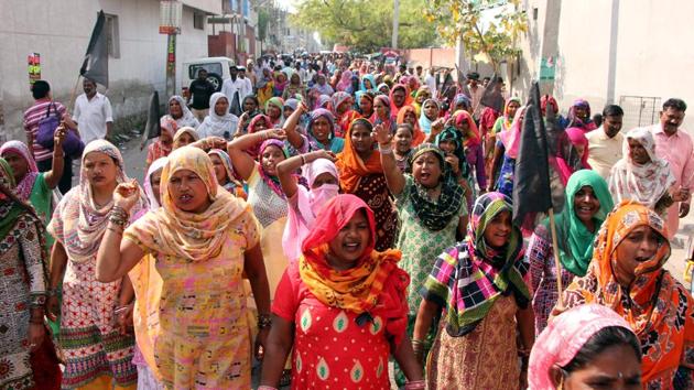 Activists taking out a rally in Bathinda on Monday. (Sanjeev Kumar/HT)