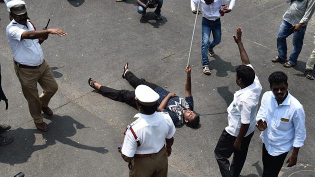 Supporters of DMK and various opposition parties during a protest against the Central government for not setting up the Cauvery Management Board (CMB) at Valluvar Kottam in Chennai on Sunday. (PTI Photo) Supporters of DMK and various opposition parties during a protest against the Central government for not setting up the Cauvery Management Board (CMB) at Valluvar Kottam in Chennai on Sunday. (PTI Photo)