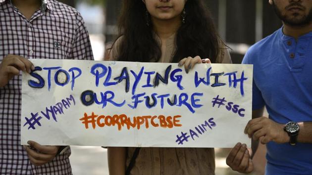 The Delhi High Court asked the Central Board of Secondary Education on Monday about its plans, if any, to re-conduct the Class 10 Maths test the question papers for which had been leaked recently. The high court bench asked the CBSE as to how could it wait till July to re-conduct the test and keep the students on “tenterhooks” till then. (Anushree Fadnavis / HT Photo) The Delhi High Court asked the Central Board of Secondary Education on Monday about its plans, if any, to re-conduct the Class 10 Maths test the question papers for which had been leaked recently. The high court bench asked the CBSE as to how could it wait till July to re-conduct the test and keep the students on “tenterhooks” till then. (Anushree Fadnavis / HT Photo)