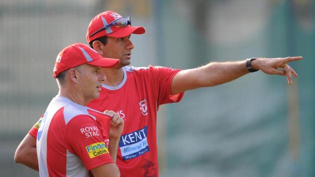 Brad Hodge (L), KXIP head coach, and Venkatesh Prasad, the bowling coach, oversee proceedings during a training session. (Ravi Kumar/HT Photo) Brad Hodge (L), KXIP head coach, and Venkatesh Prasad, the bowling coach, oversee proceedings during a training session. (Ravi Kumar/HT Photo)