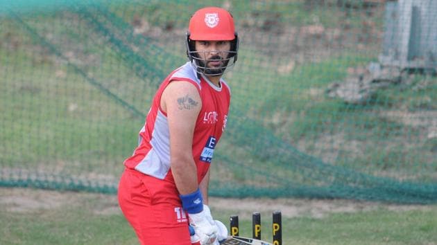 Yuvraj Singh bats during a Kings XI Punjab practice session in Mohali. (Ravi Kumar/HT Photo)
