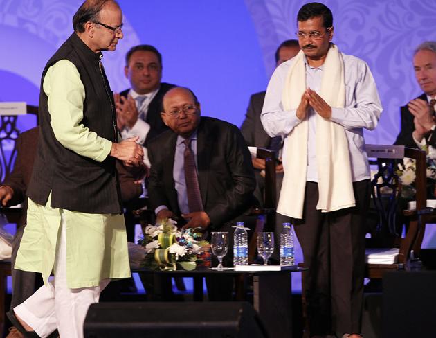 Delhi chief minister Arvind Kejriwal and finance minister Arun Jaitley during the inaugural function of Bengal Global Business Summit, January 08, 2015.(HT File Photo) Delhi chief minister Arvind Kejriwal and finance minister Arun Jaitley during the inaugural function of Bengal Global Business Summit, January 08, 2015.(HT File Photo)