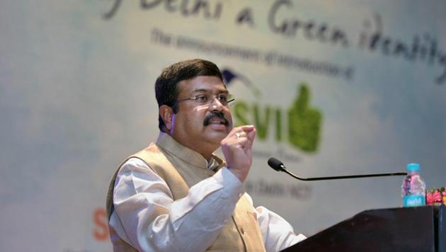 Union Petroleum Minister Dharmendra Pradhan speaks during an event to announce and introduce BS VI fuels in Delhi NCT in New Delhi on Monday.(PTI Photo)