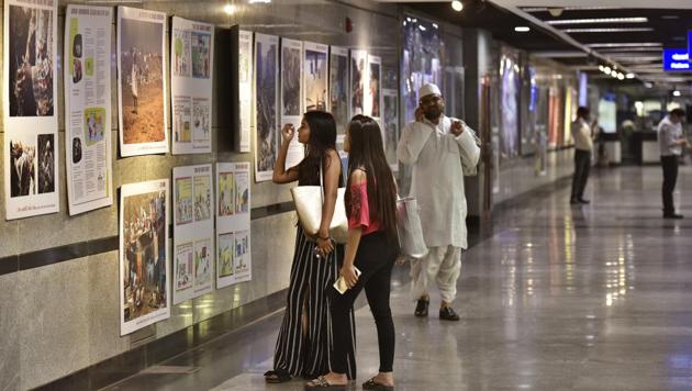 Since its commencement in 2002, Delhi Metro has come a long way – not just in terms of reach, but also its stations’ look and feel -- and the role they play in the lives of commuters. Metro’s brush with art started in 2014 and it has collaborated with India Habitat Centre for regular exhibitions at Mandi House and Jor Bagh stations with dedicated exhibition spaces under the ‘Art in the Metro’ initiative. (Raj K Raj / HT Photo) Since its commencement in 2002, Delhi Metro has come a long way – not just in terms of reach, but also its stations’ look and feel -- and the role they play in the lives of commuters. Metro’s brush with art started in 2014 and it has collaborated with India Habitat Centre for regular exhibitions at Mandi House and Jor Bagh stations with dedicated exhibition spaces under the ‘Art in the Metro’ initiative. (Raj K Raj / HT Photo)