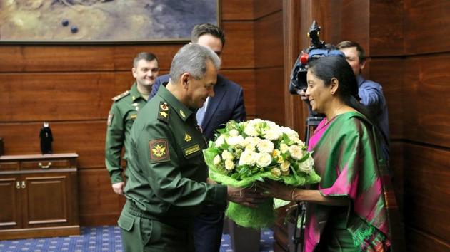Defence minister Nirmala Sitharaman meets her Russian counterpart general Sergei Shoigu in Moscow on Tuesday.(@DefenceMinIndia/Twitter Photo)
