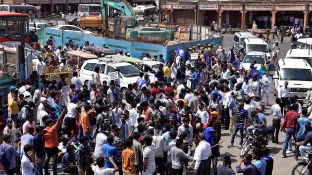 Members of Dalit community stage protest during 'Bharat Bandh' against the alleged 'dilution' of Scheduled Castes/Scheduled Tribes act, in Jaipur on Monday.(PTI Photo) Members of Dalit community stage protest during 'Bharat Bandh' against the alleged 'dilution' of Scheduled Castes/Scheduled Tribes act, in Jaipur on Monday.(PTI Photo)