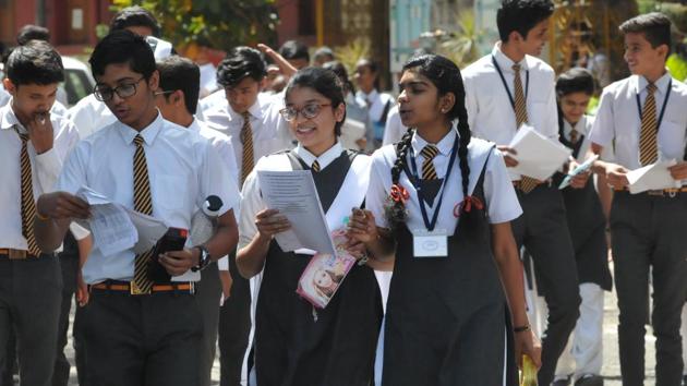 Students coming out of Kendriya Vidyalaya in Bhopal. Around 1.7 million students appeared for the Class 10 Mathematics exam on March 28.(Mujeeb Faruqui/HT Photo)