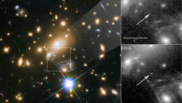 NASA’s Hubble Space Telescope image of a blue supergiant star the Icarus, the farthest individual star ever seen, is shown in this image released April 2, 2018. The panels at the right show the view in 2011, without Icarus visible, compared with the star's brightening in 2016. (Courtesy NASA, ESA, and P. Kelly/University of Minnesota/HANDOUT via REUTERS) NASA’s Hubble Space Telescope image of a blue supergiant star the Icarus, the farthest individual star ever seen, is shown in this image released April 2, 2018. The panels at the right show the view in 2011, without Icarus visible, compared with the star's brightening in 2016. (Courtesy NASA, ESA, and P. Kelly/University of Minnesota/HANDOUT via REUTERS)