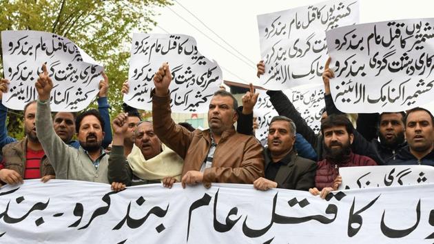 Members of the Kashmir Economic Alliance shout anti-Indian slogans during a protest against recent killings on the second day of a strike called by Kashmiri separatists in Srinagar. Authorities on April 2 shut schools and blocked internet services in Kashmir, after a weekend of protests and gunbattles left 20 dead and 200 injured -- including many civilians with damaged eyesight. (Tauseef Mustafa / AFP)