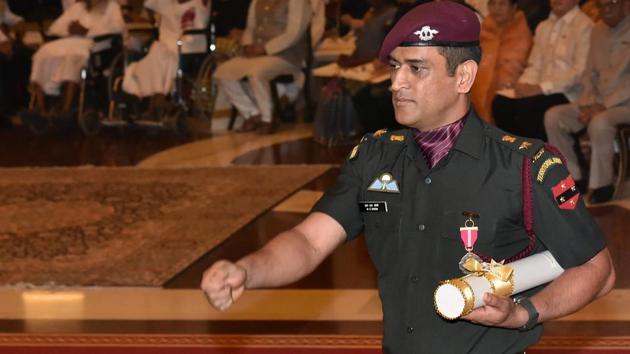 MS Dhoni, who was seen dressed smartly in his official uniform of the Territorial Army for the ceremony, marched to receive the honour (PTI)