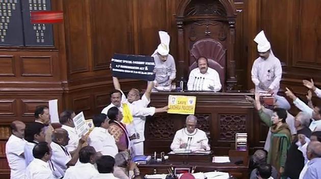 Opposition members protest during the ongoing budget session of Rajya Sabha, at Parliament House in New Delhi.(PTI Photo/TV Grab) Opposition members protest during the ongoing budget session of Rajya Sabha, at Parliament House in New Delhi.(PTI Photo/TV Grab)