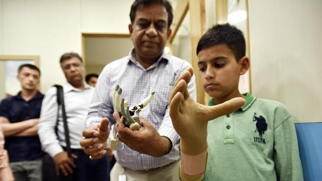 Saxena says the firm’s indigenous myoelectric hand is controlled by electrical properties of the wearer’s muscles and has thumb rotation. The product is being pegged at less than half the price of current imported alternatives. (Raj K Raj / HT Photo) Saxena says the firm’s indigenous myoelectric hand is controlled by electrical properties of the wearer’s muscles and has thumb rotation. The product is being pegged at less than half the price of current imported alternatives. (Raj K Raj / HT Photo)