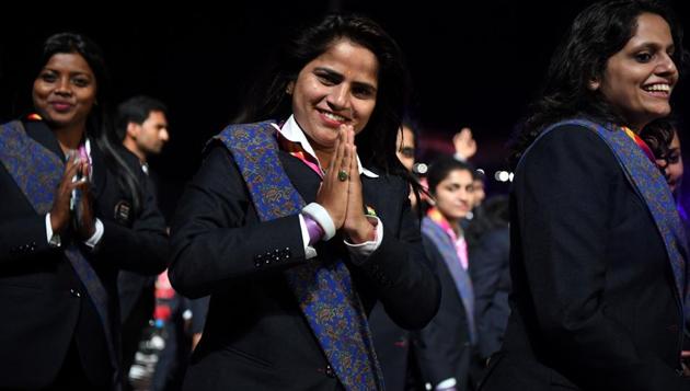 The India delegation parade during the opening ceremony of the 2018 Gold Coast Commonwealth Games at the Carrara Stadium. (AFP)