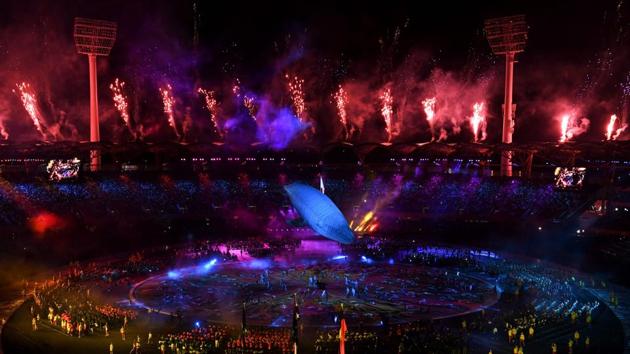 Fireworks go off as a figure in the shape of a white whale is seen during the opening ceremony of the 2018 Gold Coast Commonwealth Games at the Carrara Stadium. (AFP)